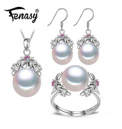 Fenasy 925 Sterling Silver Natural Pearl Ruby Jewellery Sets For Women Vintage Dangle Earrings Bohemian Flower Necklace J1907181116123