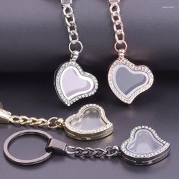 Keychains 1Pcs Asymmetric Rhinestone Love Heart Glass Living Memory Po Locket Charms Gold Colour Rose Black Alloy Keychain Jewellery