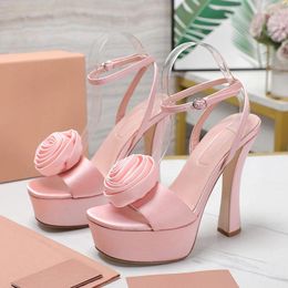 Dress Shoes Summer High Heel Sandals Female Satin Material Open Toe Platform Handmade Flower Decor Banquet Ladies Pumps