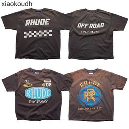 Rhude High end designer clothes for racing style short sleeved vintage distressed casual letter printed round neck T-shirt With 1:1 original labels