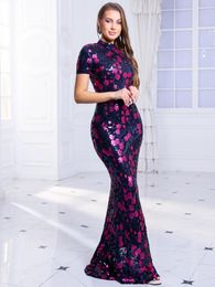 Party Dresses Short Sleeved High Neck Floral Sequin Evening Dress Prom Maxi Gown Slim Long Bodycon