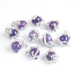 Pendant Necklaces Purple Natural Amethyst Stone Round Ball Bead Pendants Dragon Wrap Reiki Chakra Healing Amulet Jewellery Wholesale 10Pcs