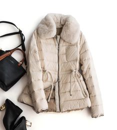 Winter Ultra Light White Duck Down Jacket Women Warm Large Real Rabbit Fur Coat Sash Tie Up Hem Single Breasted Outwear 2104235818543
