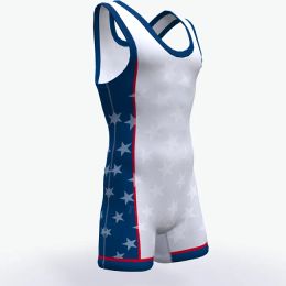 Batteries Blue and White Wrestling Singlets Tummy Control Wear Gym Sleeveless Triathlon Powerlifting Clothing Swimming Running Skinsuit