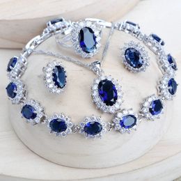 Silver 925 Women Bridal Jewellery Sets Blue Zirconia Costume Fine Jewellery Wedding Necklace Earrings Rings Bracelets Pendant Set 240507