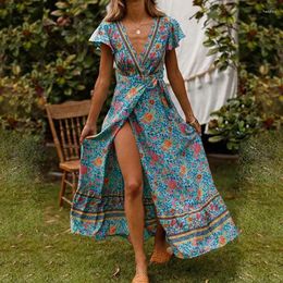 Party Dresses Deep V Neck Summer Maxi Dress Women Floral Print Bohemian Lace Up Split Elegant Ruffle Short Sleeve Beachwear Vestidos