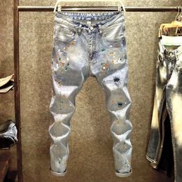 Arrival Kpop Korean Style Mens Designer Clothes High Quality Washed Paint Splatter Ripped Jeans Distressed Cotton Trousers 240424