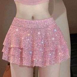 Skirts 2024 Spring/Summer Womens Pink Sequin Multi layered Ruffled Short Skirt Sexy Spicy Girl Rising Mini Skirt Club DressL2405