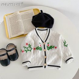 Jackets 2024 Autumn Kids Baby Girls Full Sleeve V-neck Handmade Crochet Flower Knit Cotton Top Single-breasted Sweater Infant Coat 0-3Y