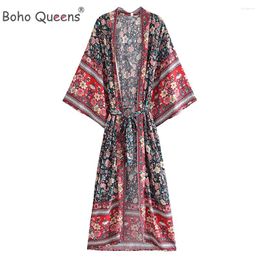 Boho Queens Women Multi Floral Print Bohemian Kimono Beach Robe Lady Batwing Sleeves Rayon Vintage Maxi Bikini Cover-ups