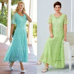 Elegant Tea Length Lace Mother Of The Bride Dresses Scoop Neck Wedding Guest Dress With Sleeves A Line Plus Size Formal Gowns 0508