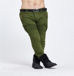 Mens Ripped Biker Jeans Homme Brand Multi Pockets Cargo Pant Army Green Mens Pleated Pencil Slim Hip Hop Denim Jeans4894255