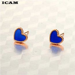 Stud ICAM Classic Blue Stainless Steel Earrings Heart shaped Girl Q240507