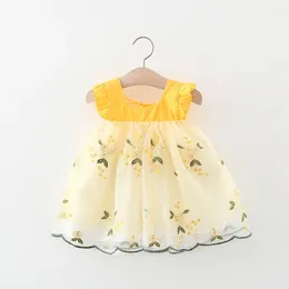 Girl Dresses Summer Baby Dress Small Flying Sleeves Square Collar Patchwork Mesh Flower Embroidery Princess