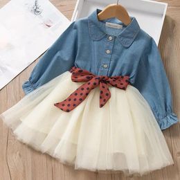 Girl Dresses Girls Casual Autumn Korean Fashion Long Sleeved Cowboy Skirt Wave Point Belt Turn Down Collar Button