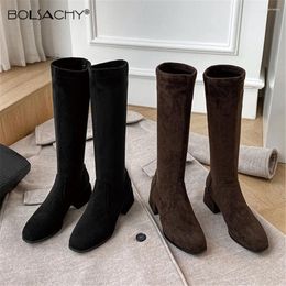 Boots 2024 Woman Knee High Knight 4.5cm Mid Heels Ladies Slip-on Plus Size 33-43 Wide Leg Long Shoes Black