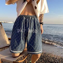 Men's Shorts American street hip-hop printed denim shorts for mens summer fashion label loose distressed washed sports straight leg capris H240508