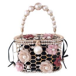 Free shipping 2024 women lady Outdoor Day Packs Casual Patchwork diamond Drawstring/Bucket Bags Pearl string handbag 3D flowers Hollow out party size 18.8Xx9x12CM