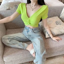 Women's T Shirts Woman TShirts Cross-Knotted Knitted Top High Waist Jazz Short Sleeve T-shirt Female Summer Crop Mujer Camisetas