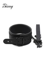 Thierry Sm products Bondage neck collar with metal chain leash BDSM Sex toys Faux Leather Restraint Fetish Adult Sex Toys Y2011189197570
