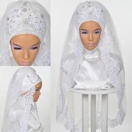 Bridal Veils Muslim Wedding For Brides 2021 Islamic Hijab Beading Crystals Lace Appliques Edge Elbow Length Head Covering 287u