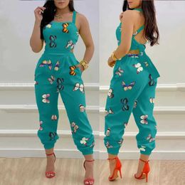 Women's Jumpsuits Rompers Elegant Womens Jumpsuit 2024 Summer Fashion Strap Hollow Out Sexy Off Waist Printed Jumpsuit Butterfly Print Overall Rompers d240507