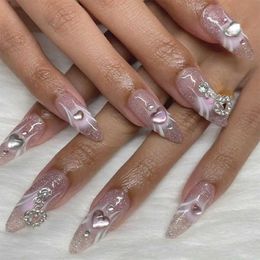 False Nails 24Pcs Fake Nails Cool y2k Sliver Flames Pattern Full Cover Press on Fingernails Tips Pointed Head Artificial Acrylic Nail Tips T240507