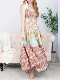 Casual Dresses Women Summer Boho Maxi Dress Tie Straps V Neck Vintage Floral Print Patchwork Tiered Flowy Sundress