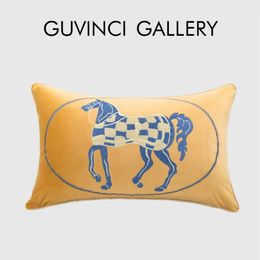 GUVINCI Luxury Velvet Lumbar Pillow Cover Modern Retro H Style Horse Embroidered Cushion Case 30x50cm For Living Room Sofa Bed 240508