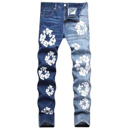 Men's Jeans Mens Kapok Printed Blue Jeans Dark and Ligh Contrast Color Patchwork Casual Denim Pants Slim Fit Washed Jeans Trousers T240507