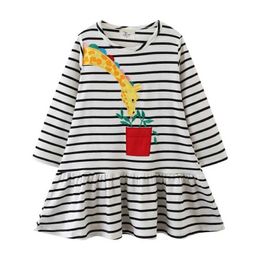 Girl's Dresses Jump count long sleeved giraffe embroidered princess dress autumn spring striped childrens clothing hot selling dressL2405