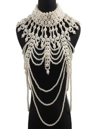 Retro advanced Pearls Crystal Body Jewelry Chain Sexyhandmade beaded Women Bridal wedding dress large necklace jewelry Accessor3122953