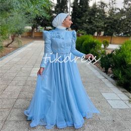 Gorgeous Muslim Blue Evening Dresses 2024 High Neck Long Sleeve Flowers Beaded Arabic Moroccan Prom Dress Elegant Women Formal Turkey Party Gowns Robe De Soriee