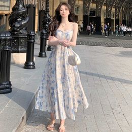 French blue oil painting long skirt beach skirt floral suspender dress for women in the summer of 2024 with a fairy like and luxurious texture