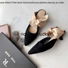 the row The * row leather low heel Muller shoes Baotou half slippers elegant bow pointed cat heel sandals women OCVU