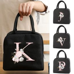 Bags Insulated Lunch Box Men Women Travel Portable Camping Picnic Bag Pink Flower Letter Print Cold Food Cooler Thermal Bag Handbag