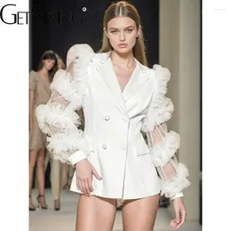 Women's Suits Women Blazer 2024 Mesh Ruffles Double Breasted Full Sleeve Ladies White Coat Fashion Long Suit Jacket