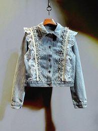 Spring Heavy Work Beaded Lace Stitching Short Denim Jacket Women Blue Light Lapel Singlebreasted Long Sleeve Jeans 240423