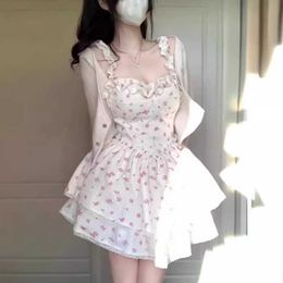 French style white floral camisole dress for womens summer new spicy girl pure desire style slim waist princess fluffy skirt