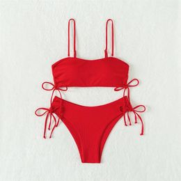 Women's Swimwear Sexy Sling Bikinis Sets Ribbed Drawstring Bandeau Swimsuit Y2K Pleated Separate Vacation Thong Women Beach Bathing Suit