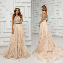 2020 Modest Beautiful Jewel Sleeveless Backless A Line Evening Lace Applique Sequins Formal Dresses Sweep Train Party Gown 0508