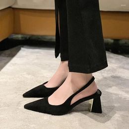 Dress Shoes Women's High Heels 2024 Solid Color Sexy Slingback Versatile Summer Square Heel Party Suede Bun Toe