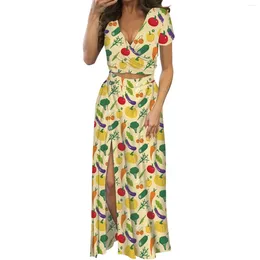 Party Dresses Samoa Tribal Summer Beach Women's Low-cut Maxi Dress Vegetable Print Two-piece Split V-neck Short-sleeved