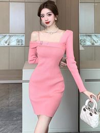 Casual Dresses Women Pink Knitted Chic Off Shoulder Sexy Mini Dress Autumn Winter Fashion Kawaii Sweater 2024 Korean Elegant Party