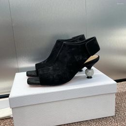 Dress Shoes For Women Size34-43 Velvet Genuine Leather Sandals High Heels Crystal Peep-Toes Hook Loop Designer Zapatos De Mujer