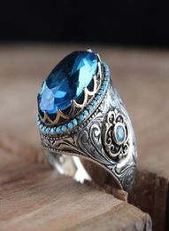 Retro Handmade Turkish Signet Ring For Men Women Ancient Silver Color Carved Ring Inlaid Blue Zircon Party Punk Motor Biker Ring3649580