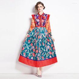 Casual Dresses Bohemian Contrast Patchwork Flower Maxi Women's Bow Collar Ruffles Long Sleeve Holiday Floral Print Pleated Robe Vestido