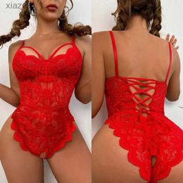 Sexy Pyjamas Sexy Crotchless Red Lingerie Women Lace Back Bandage Bra Sets Erotic Comes Teddy Baby Doll Dress Open Porn Underwear Set WX