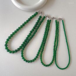 Choker Minar Chinese Style 4 6 8 10mm Green Colour Agate Natural Stone Beaded Necklace For Women Silver Plated Copper Ingot Clasp