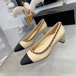 2024 Brand-name women's mid-heel dress shoes Luxury designer fashion leather boat shoes sexy chunky party Match color women's leather sheepskin single